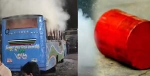রাজধানীর কাফরুল থানার সামনে যাত্রীবাহী বাসে আগুন